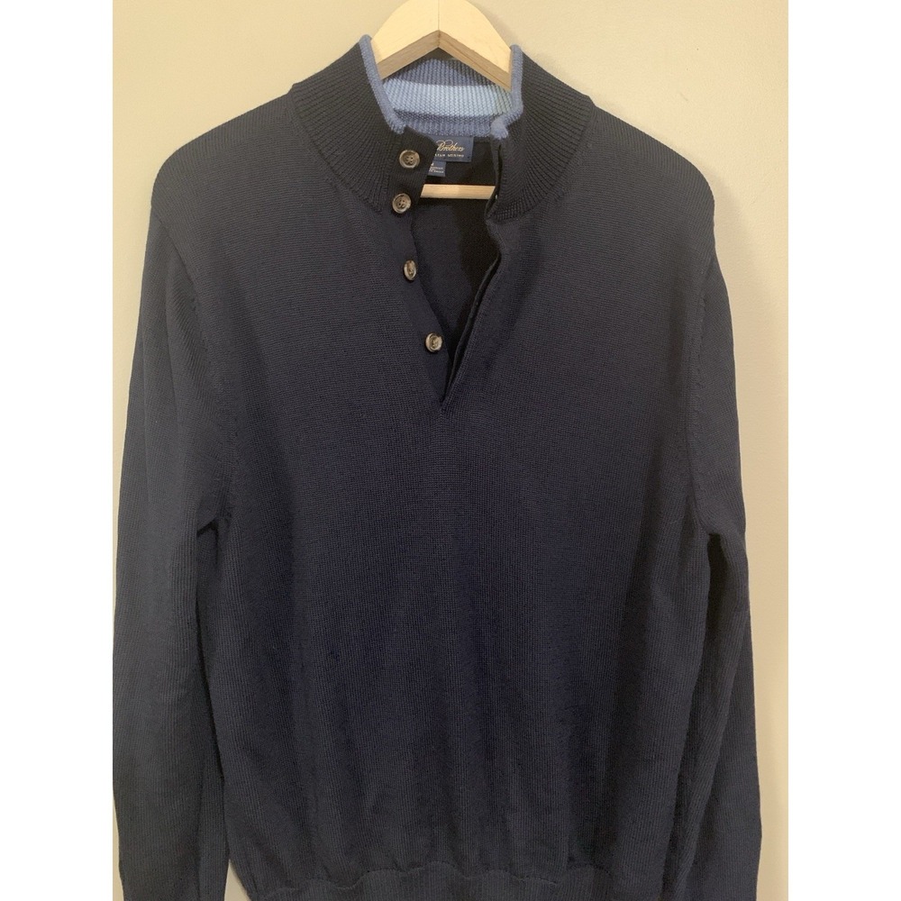 Brooks Brothers Extra Fine Italian Merino Wool Sweater Navy 1/4 Button Up Mens M - Picture 10 of 16